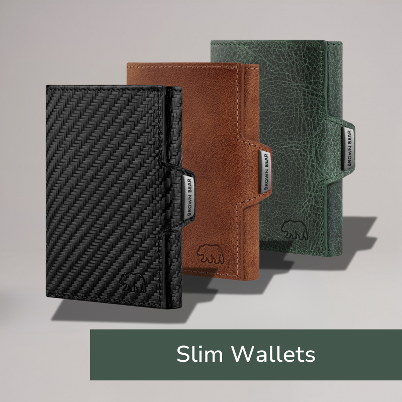 Slim Wallets von BROWN BEAR aus Leder in Schwarz, Braun und Grün, minimalistisch präsentiert